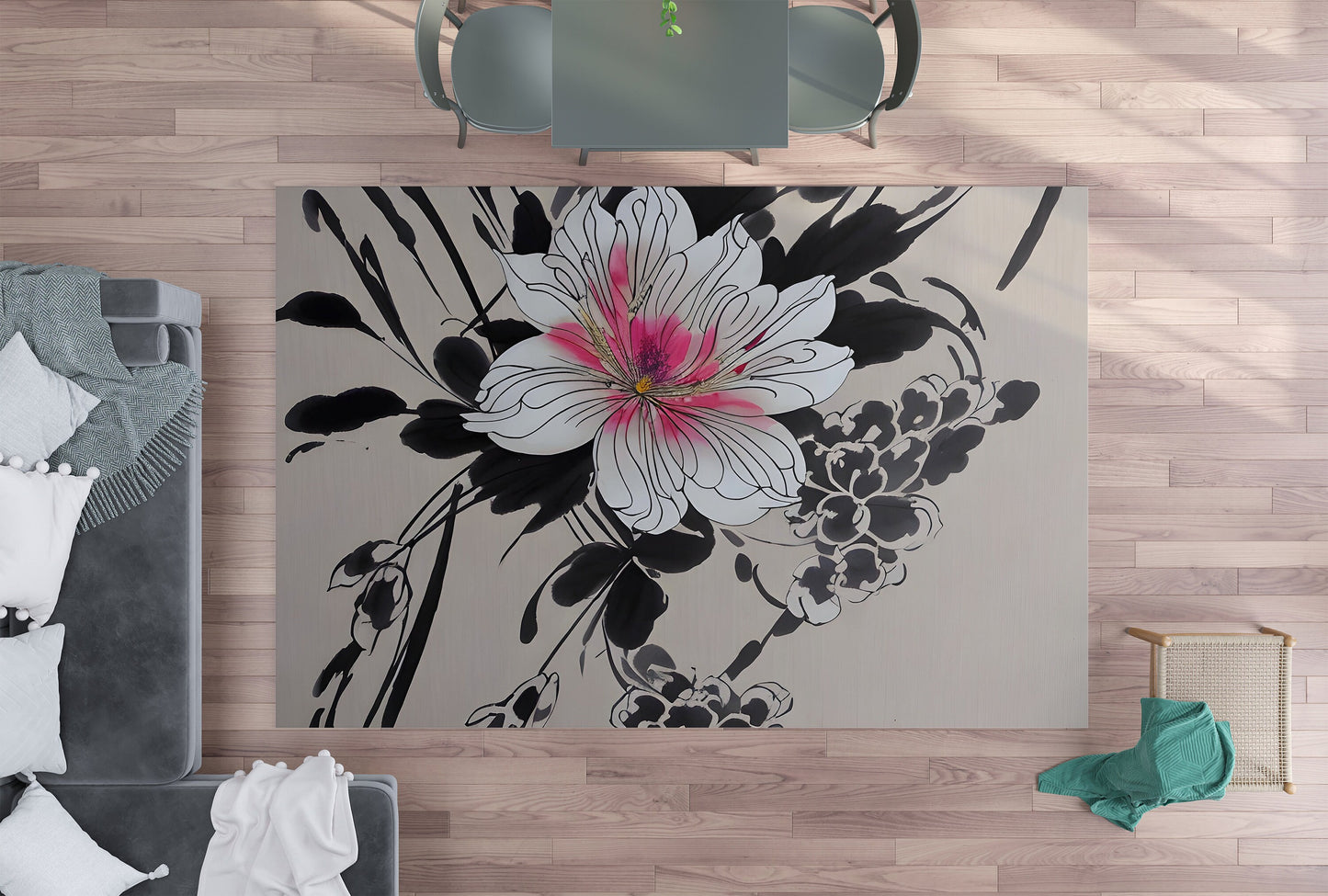 Floral Rug Japanese art Rug beige black pink Rug flower Floor Rug 3x5 4x6 5x7 8x10 Large oriental art rug