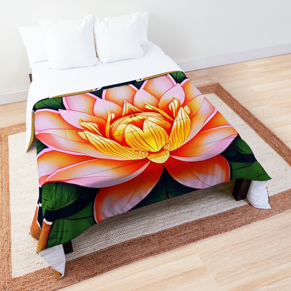 Lotus Flower Comforter or Duvet Cover yellow navy green bedding floral comforter japanese art duvet covers