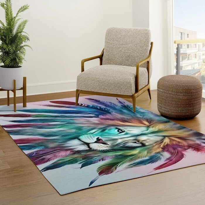 Lion with feathers Rug Lions Floor Mat Lion artwork blue rugs 2x3 4x6 5x7 8x10 large rugs