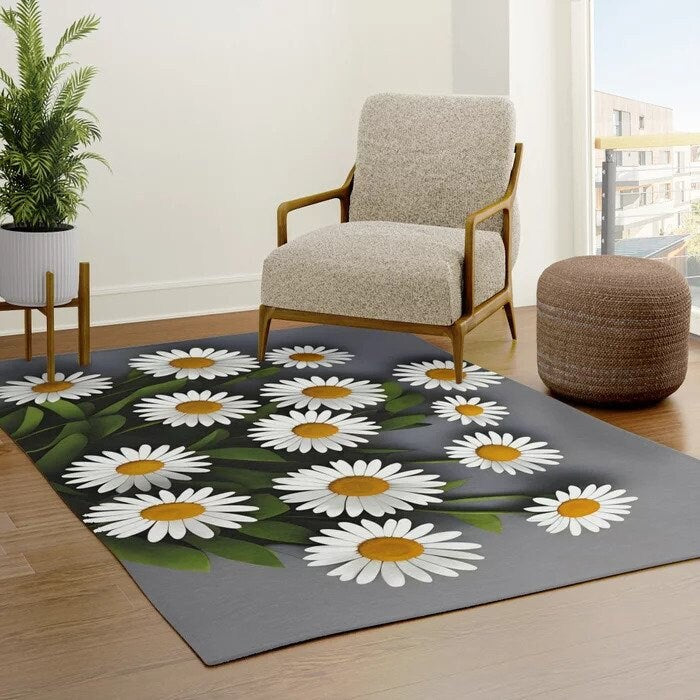 Daisy Rug Gray white Rug Daisies Floor Rugs 3'x5' 4'x6' 5'x7' 8' x 10' Large rugs