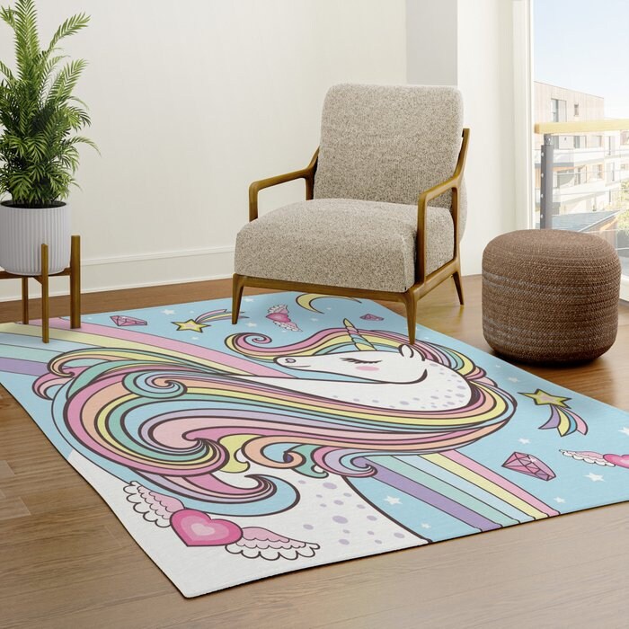 Unicorn Rug Rainbow unicorn hearts Rug pink blue nursery Rug kids Floor Rug 3x5 4x6 5x7 9x12 Large rugs colorful