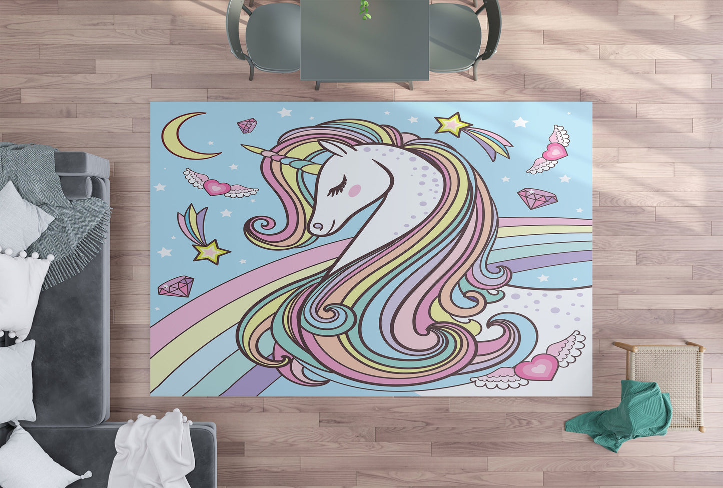 Unicorn Rug Rainbow unicorn hearts Rug pink blue nursery Rug kids Floor Rug 3x5 4x6 5x7 9x12 Large rugs colorful