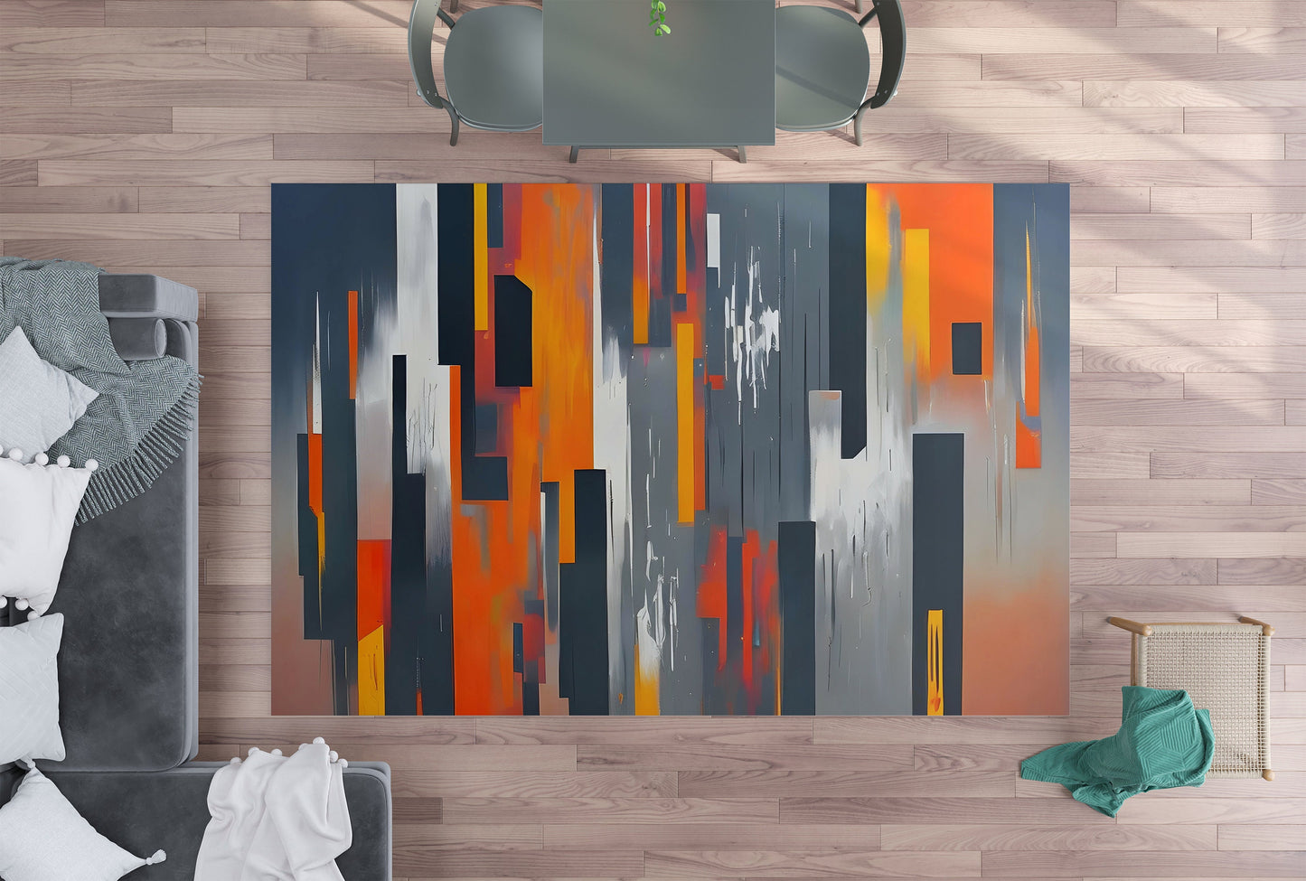 Abstract Art Rug gray orange yellow Rug Modern art Floor Rugs 3'x5' 4'x6' 5'x7' 8' x 10' Large rugs