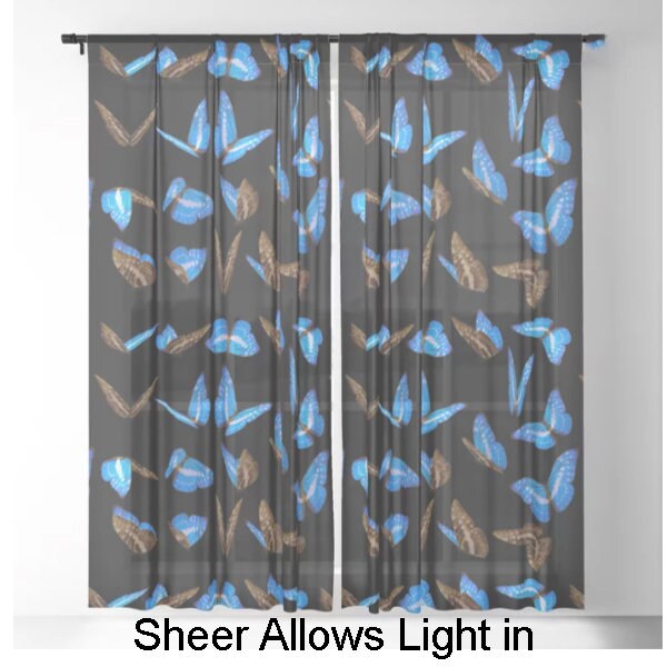 Butterfly Window Curtains Blue Butterflies Drapery Curtain Panels blue black window treatment