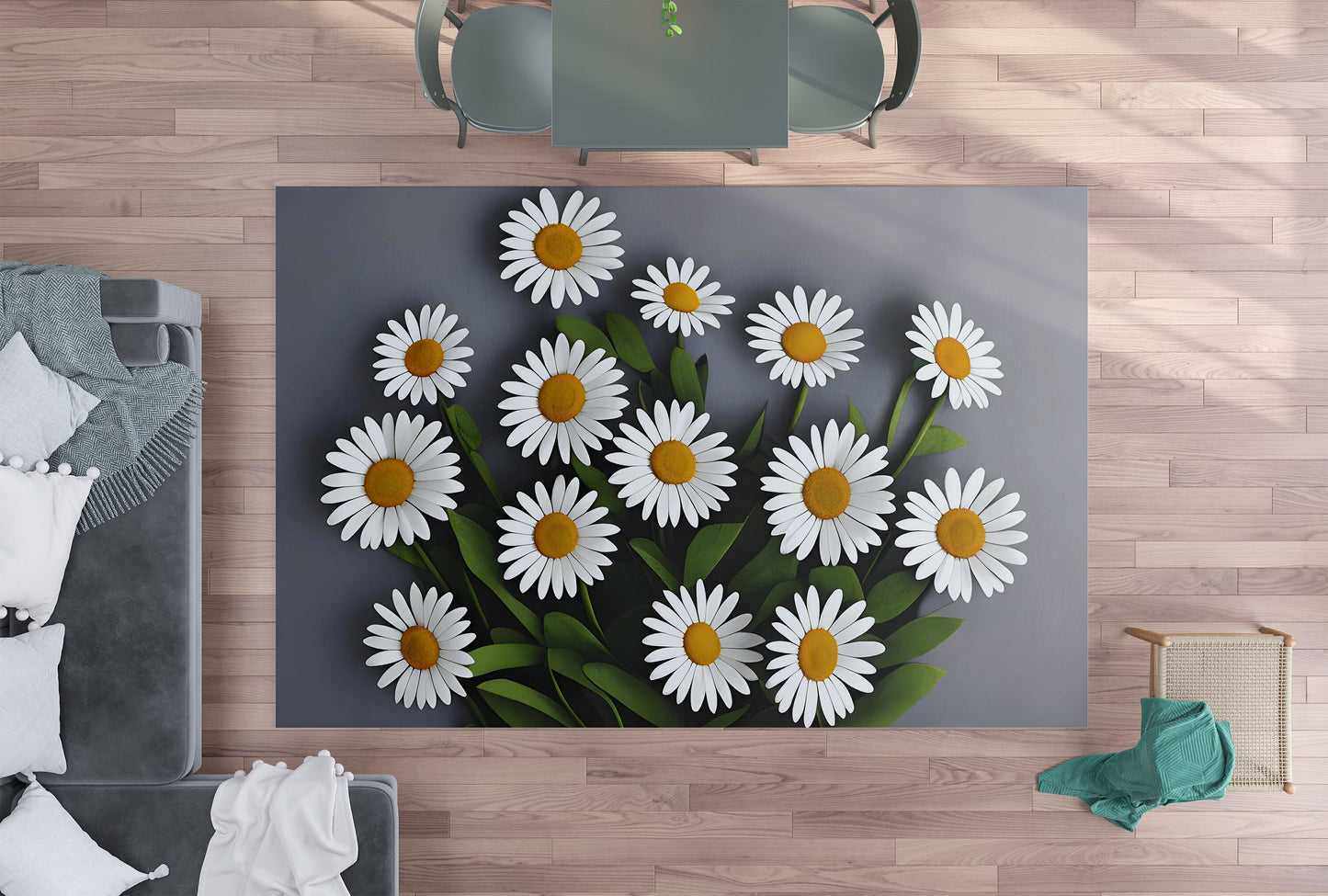 Daisy Rug Gray white Rug Daisies Floor Rugs 3'x5' 4'x6' 5'x7' 8' x 10' Large rugs