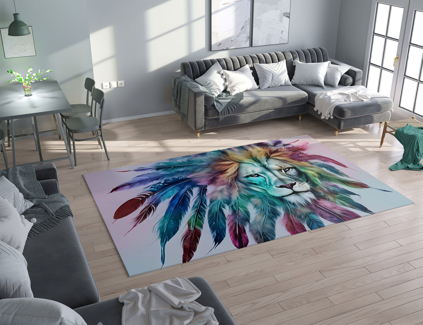 Lion with feathers Rug Lions Floor Mat Lion artwork blue rugs 2x3 4x6 5x7 8x10 large rugs