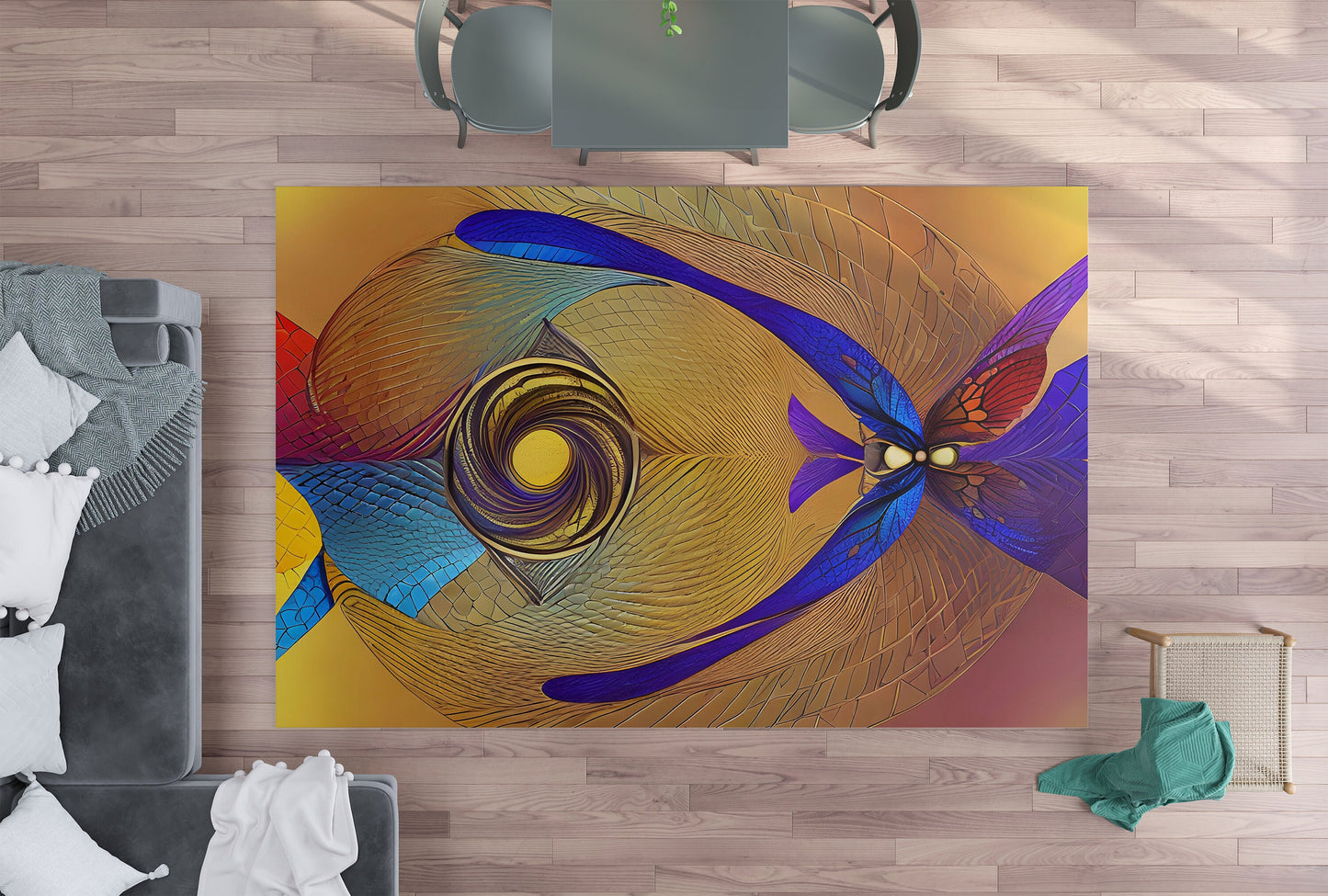 Abstract Butterfly Rug Blue Yellow purple metamorphosis abstract art rug contemporary modern art rugs large rug