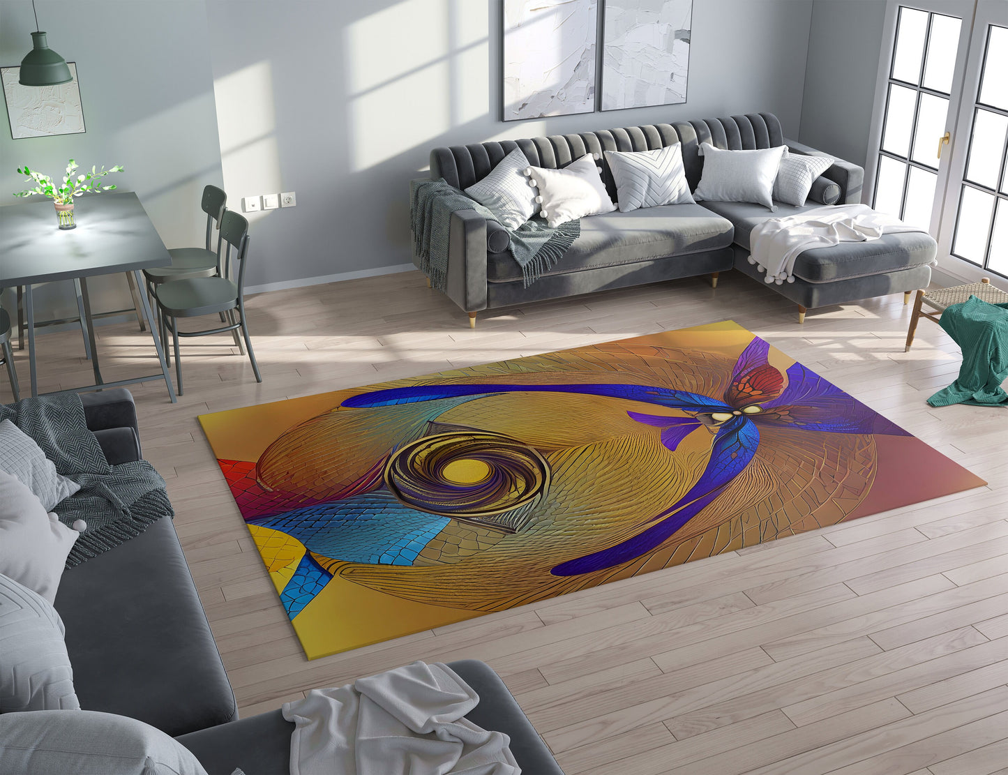 Abstract Butterfly Rug Blue Yellow purple metamorphosis abstract art rug contemporary modern art rugs large rug