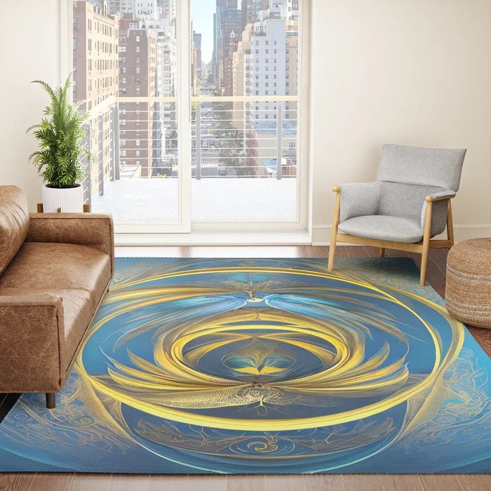 Abstract Blue Gold Rug abstract wings rug contemporary modern art rugs large rug metamorphosis