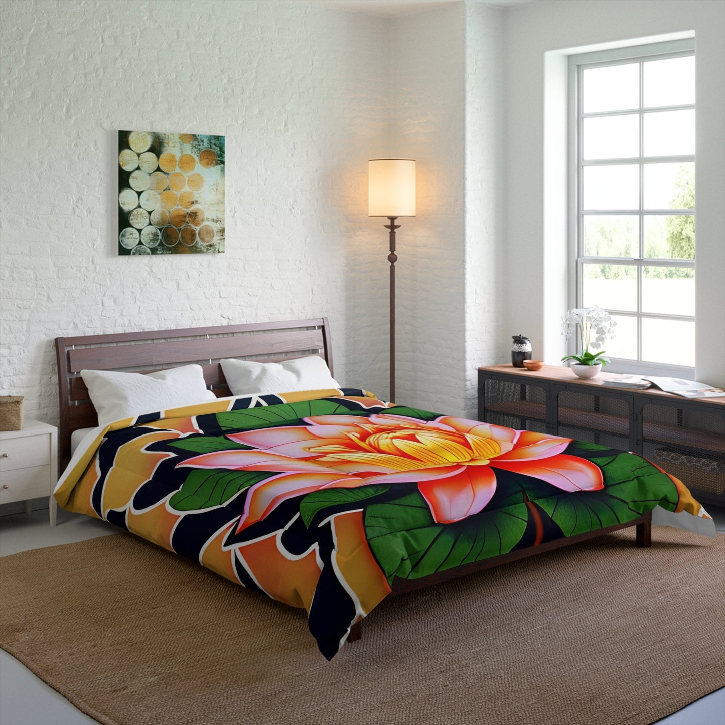 Lotus Flower Comforter or Duvet Cover yellow navy green bedding floral comforter japanese art duvet covers
