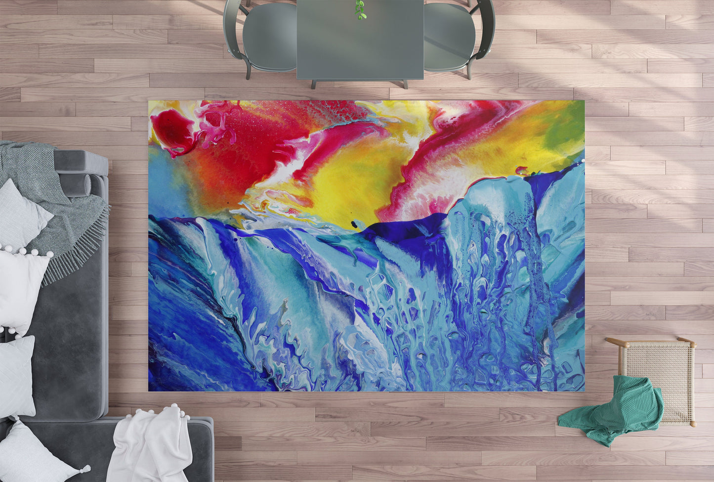 Abstract Ocean Rug blue yellow Rug aqua Rug colorful Floor Rug 3x5 4x6 5x7 5x8 8x10 9x12 Large beach decor