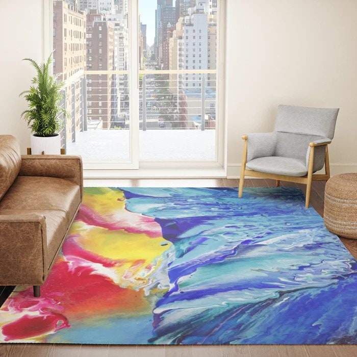 Abstract Ocean Rug blue yellow Rug aqua Rug colorful Floor Rug 3x5 4x6 5x7 5x8 8x10 9x12 Large beach decor