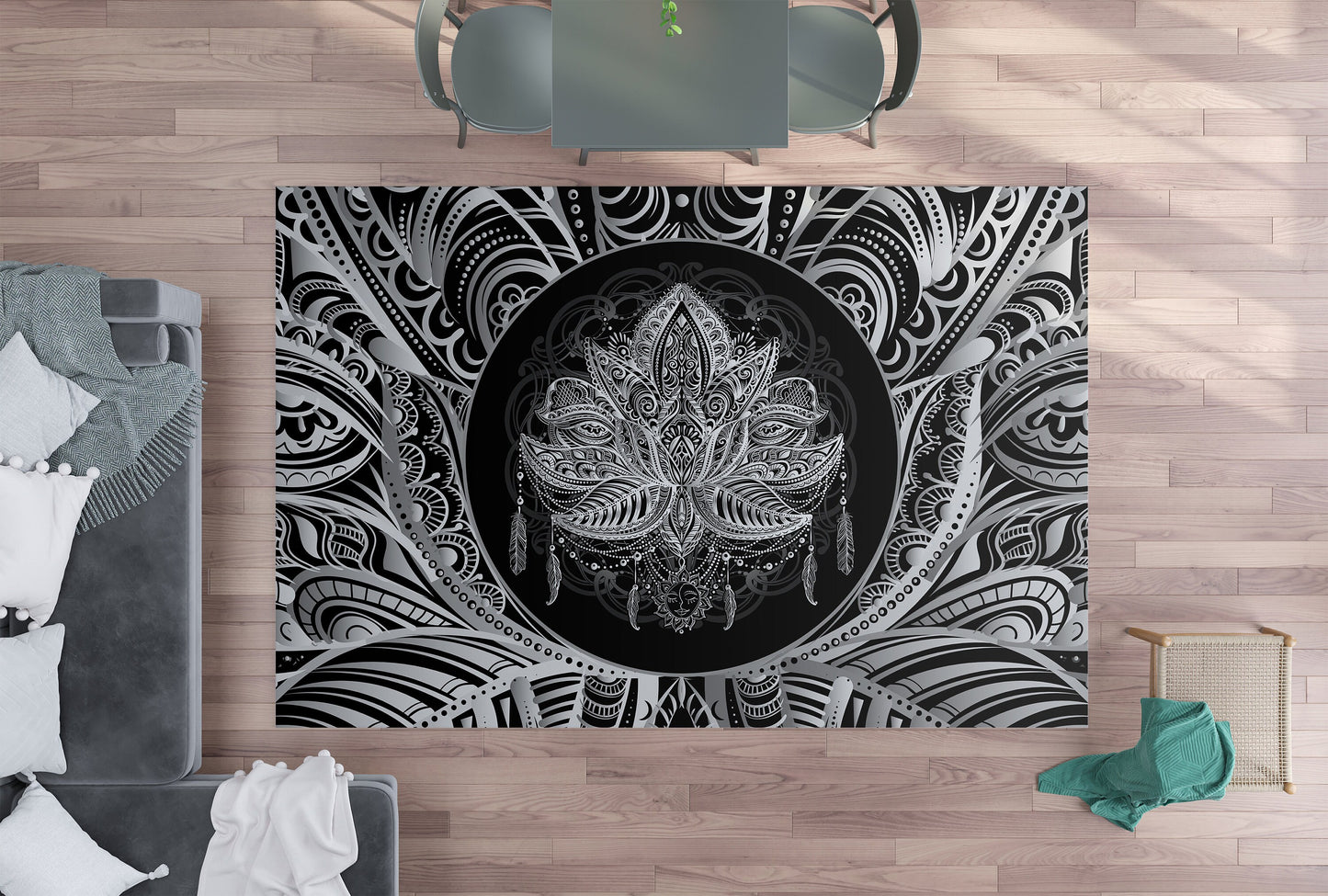 Lotus Rug black & White Rug spiritual Rug gray Floor Rug 3x5 4x6 5x7 8x10 9x12 Large rugs round trippy lotus flower rugs sacred geometry