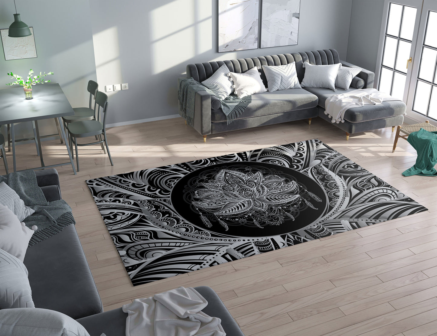 Lotus Rug black & White Rug spiritual Rug gray Floor Rug 3x5 4x6 5x7 8x10 9x12 Large rugs round trippy lotus flower rugs sacred geometry