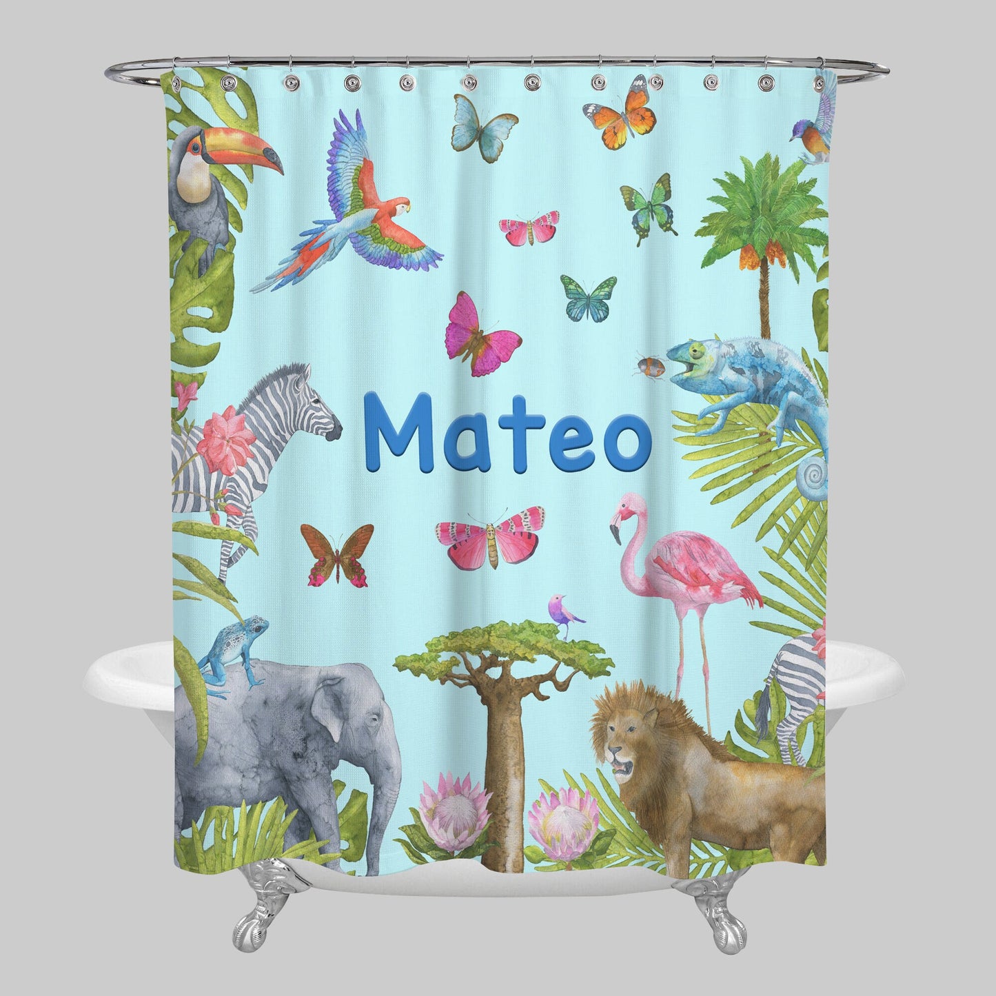 Custom Jungle Animals Shower Curtain safari shower girls boys shower curtain kids zoo blue shower curtain & or bath mat