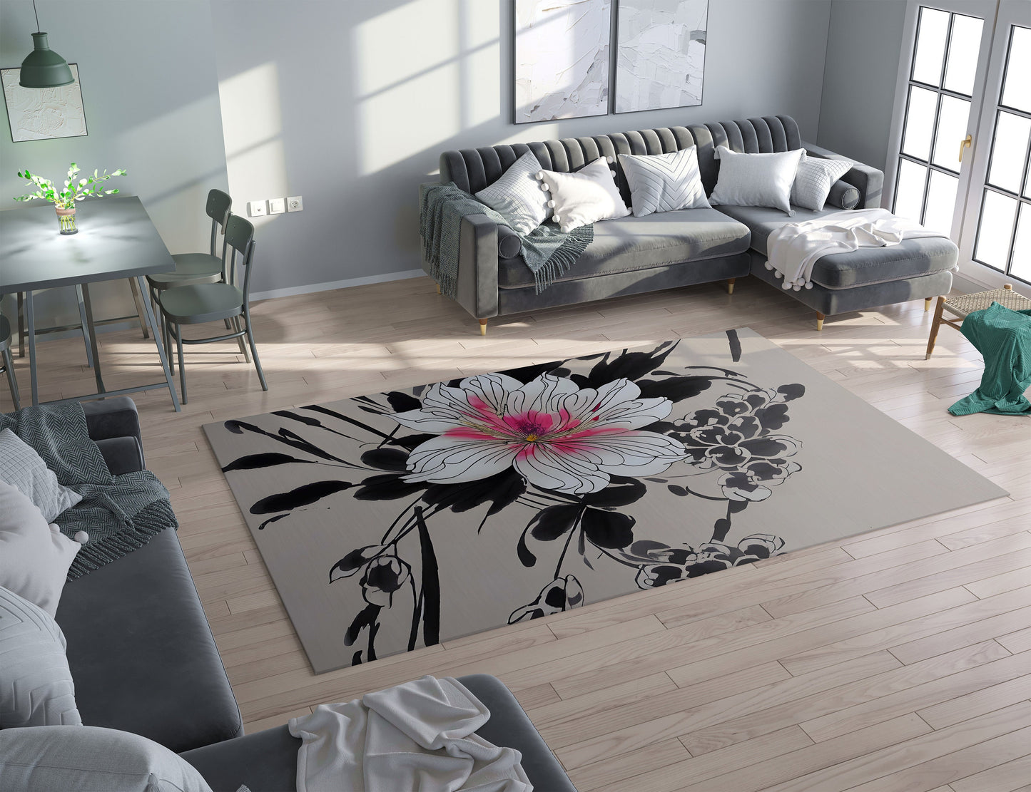Floral Rug Japanese art Rug beige black pink Rug flower Floor Rug 3x5 4x6 5x7 8x10 Large oriental art rug