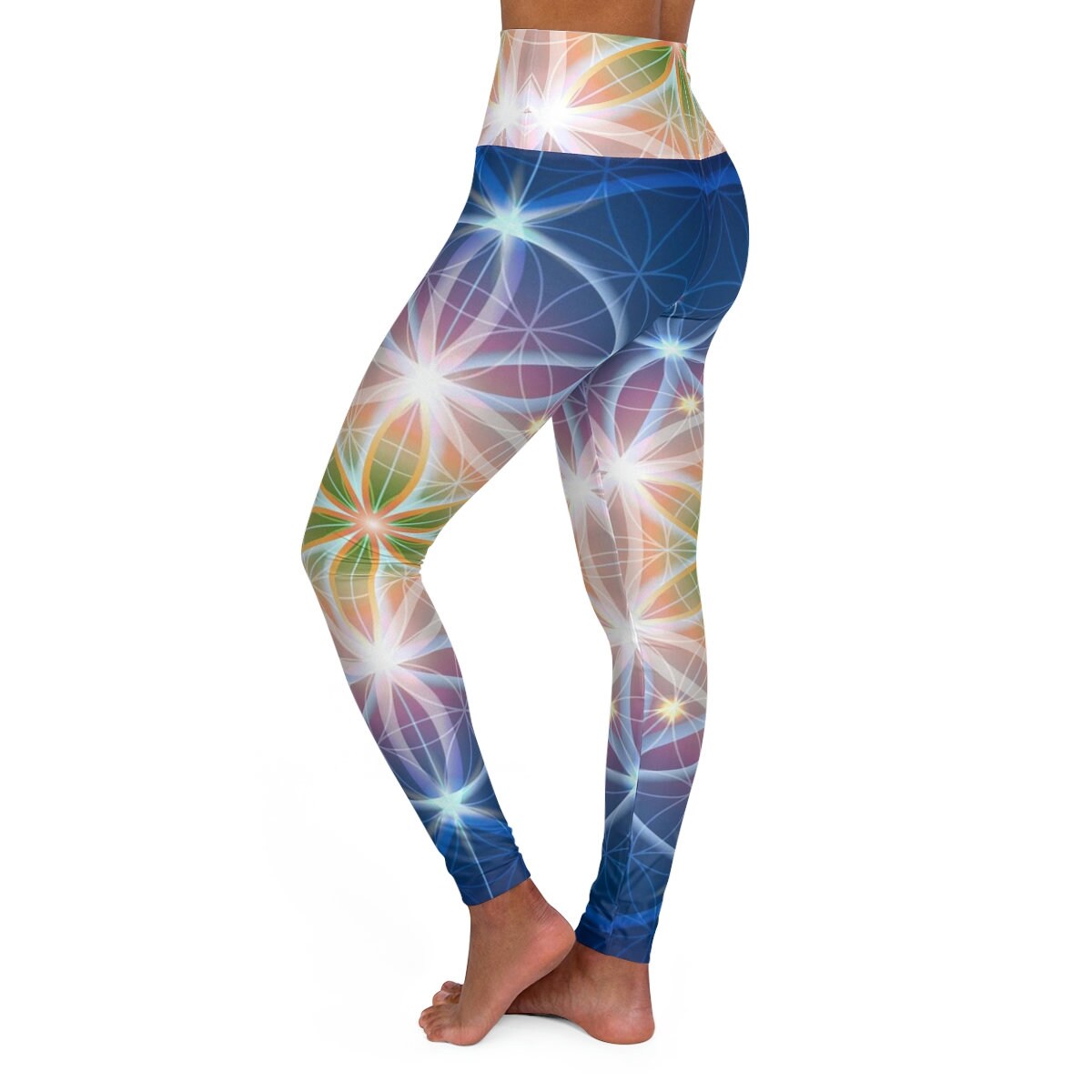 Blue Flower of Life yoga pants sacred geometry legging yoga pants capri ankle length shorts leggings spiritual pants