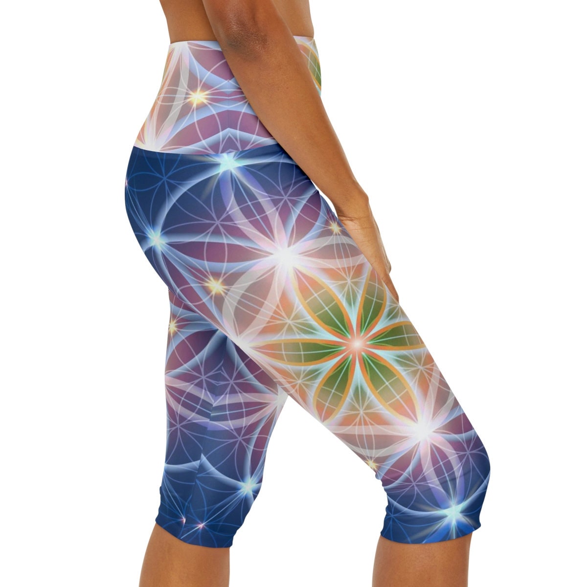 Blue Flower of Life yoga pants sacred geometry legging yoga pants capri ankle length shorts leggings spiritual pants