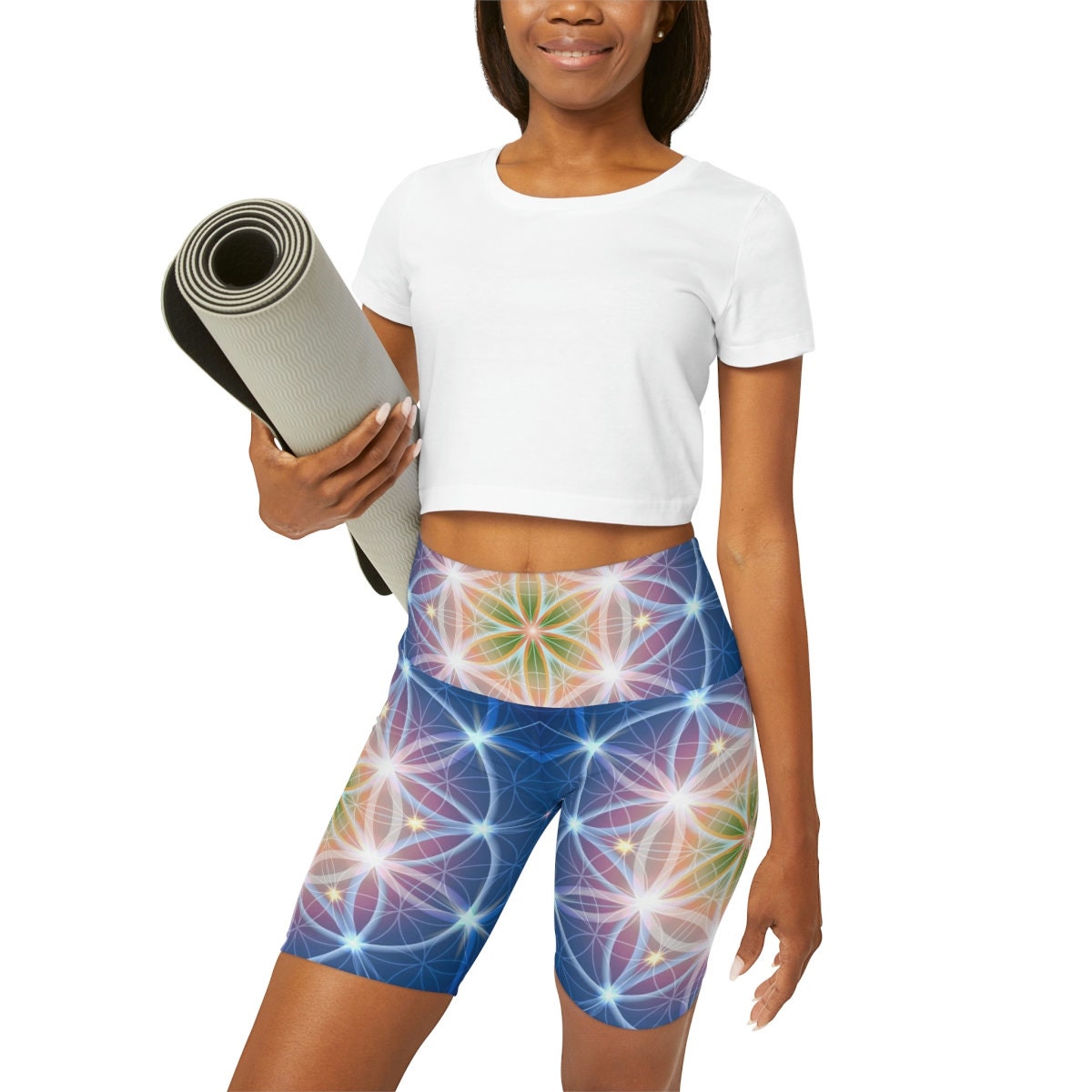 Blue Flower of Life yoga pants sacred geometry legging yoga pants capri ankle length shorts leggings spiritual pants