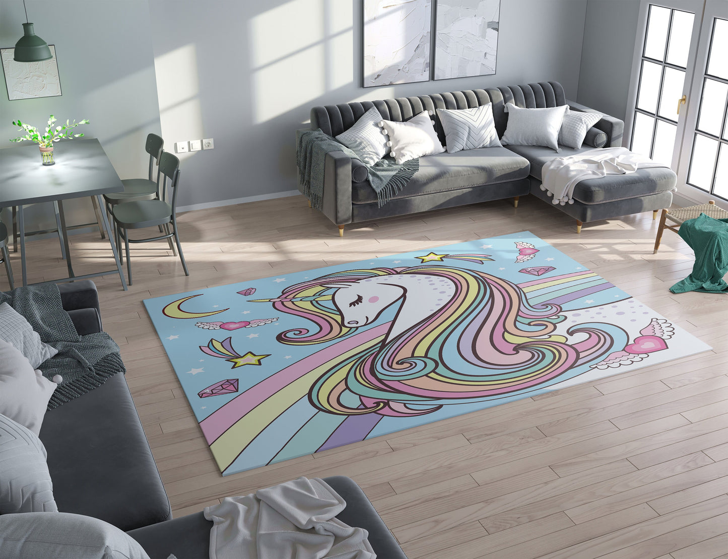 Unicorn Rug Rainbow unicorn hearts Rug pink blue nursery Rug kids Floor Rug 3x5 4x6 5x7 9x12 Large rugs colorful