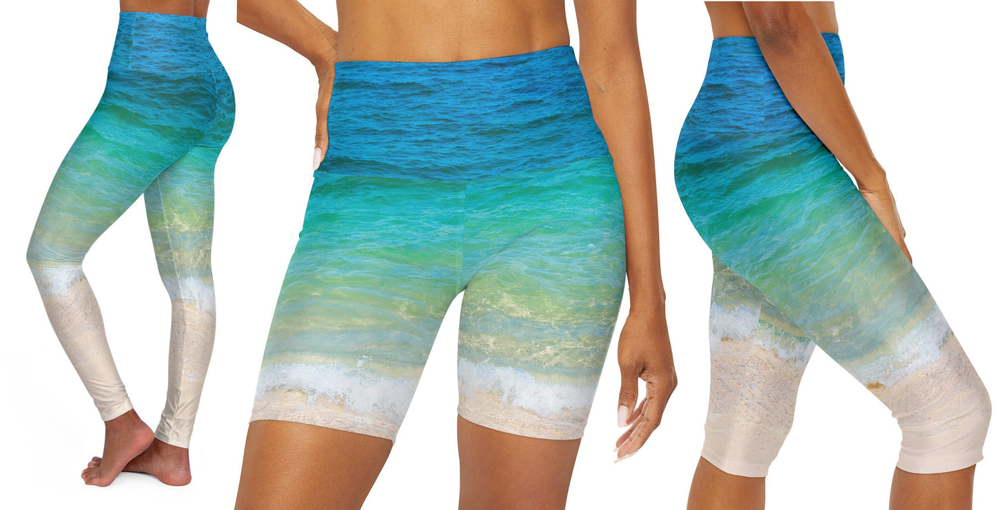 Ocean water yoga pants capri or shorts blue beach leggings yoga leggins sand beachy yoga pants turquoise legging ankle or capri
