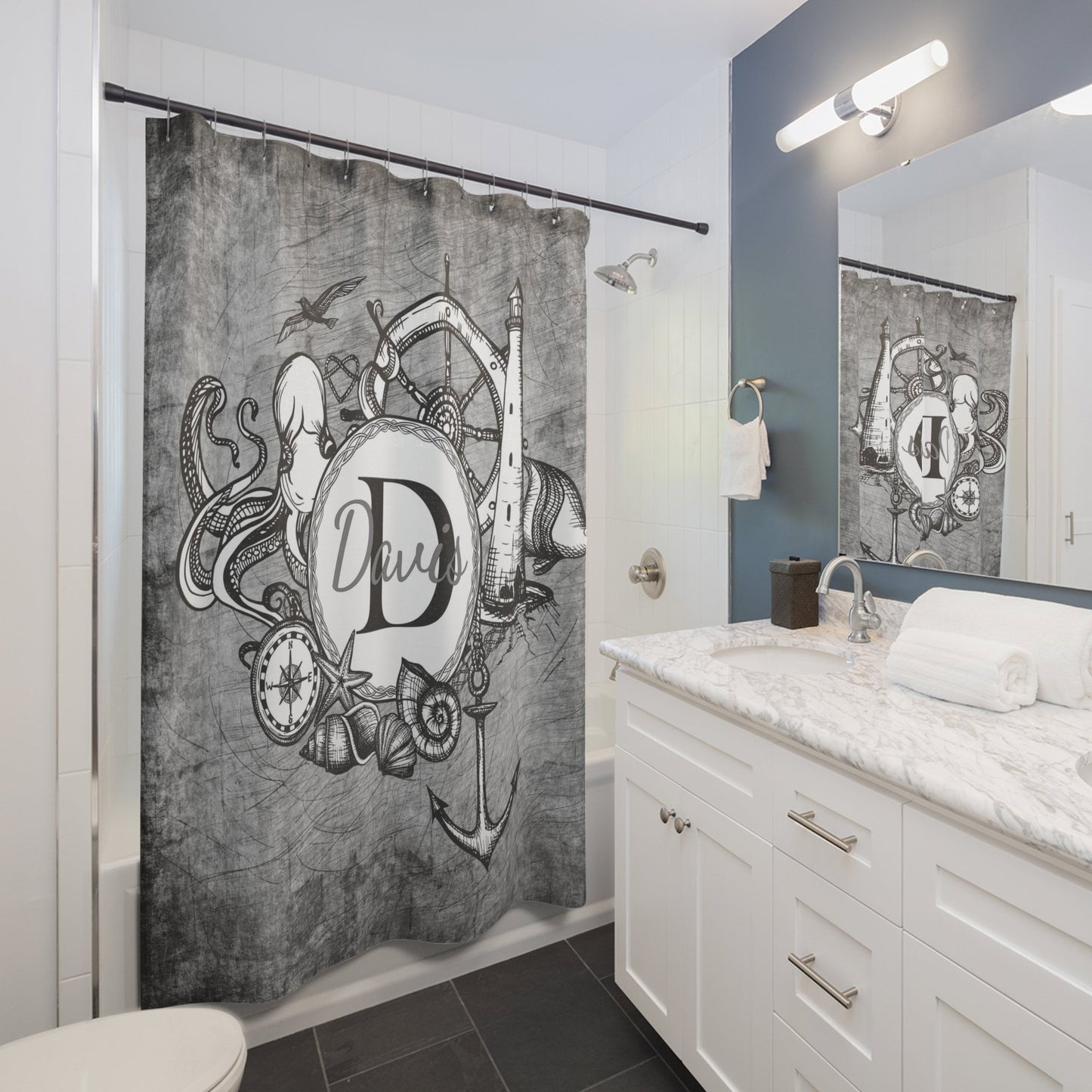 Nautical Grey Custom Name Shower Curtain personalized beach grunge weathered gray shower curtains tropical beachy bath