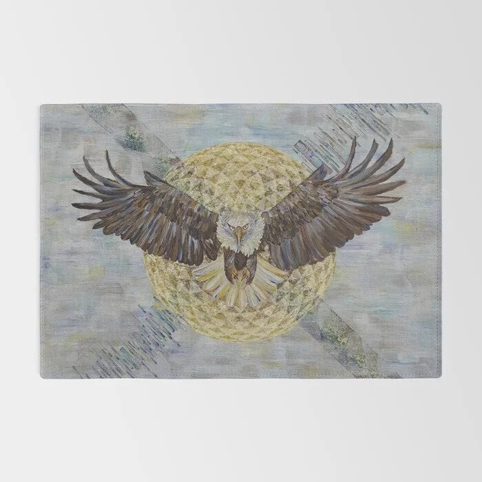 Bald Eagle Rug sacred geometry torus seed blue gold abstract art 2x3 3x5 4x6 5x7 8x10 9x12 large rugs