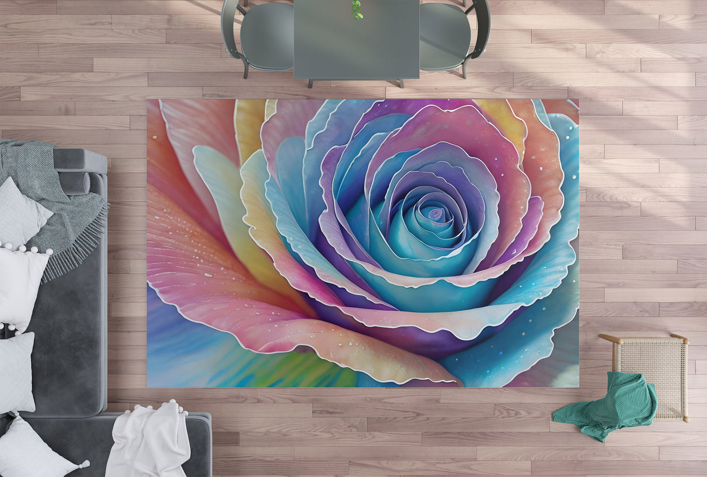 Rainbow Rose Rug Colorful Roses Rug pink blue rose petals Rug floral Floor Rug 4x6 5x7 8x10 Large botanical flowers