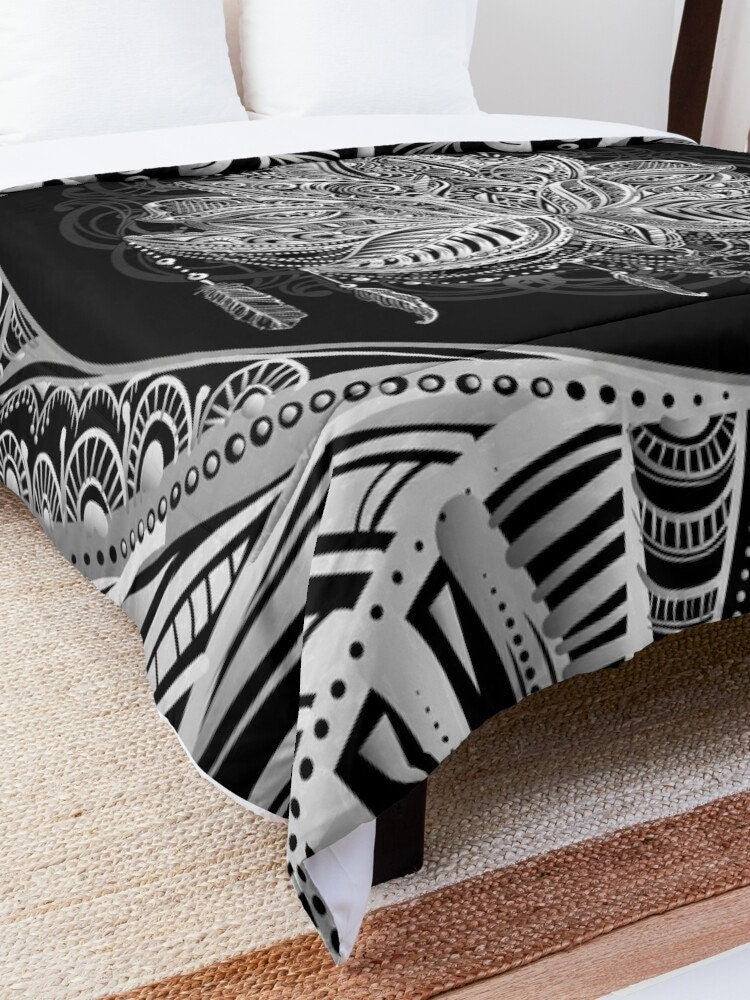 Black & White Lotus Comforter or Duvet Cover sacred geometry bedding boho bedding comforter feathers comforter spiritual bedding