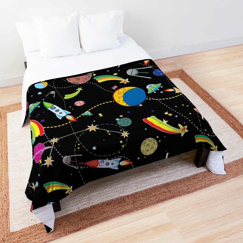 Space Comforter or Duvet Cover girls boys bedding kids duvet childrens comforter black comforter spaceship comforter space decor planets bed