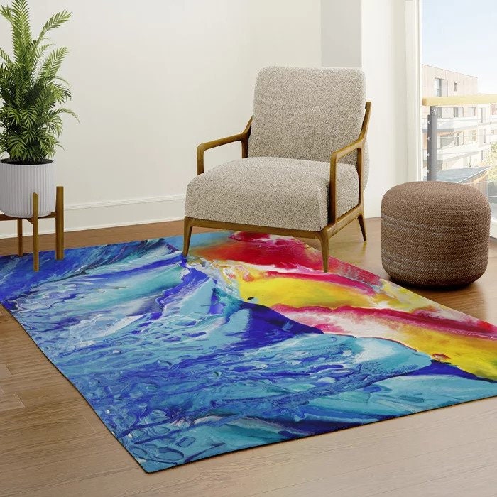 Abstract Ocean Rug blue yellow Rug aqua Rug colorful Floor Rug 3x5 4x6 5x7 5x8 8x10 9x12 Large beach decor