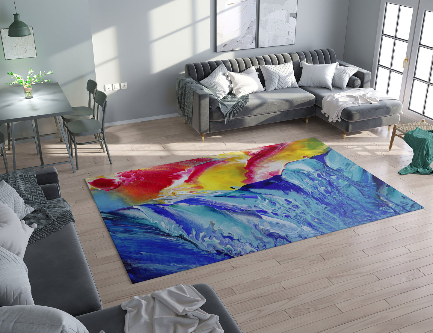Abstract Ocean Rug blue yellow Rug aqua Rug colorful Floor Rug 3x5 4x6 5x7 5x8 8x10 9x12 Large beach decor