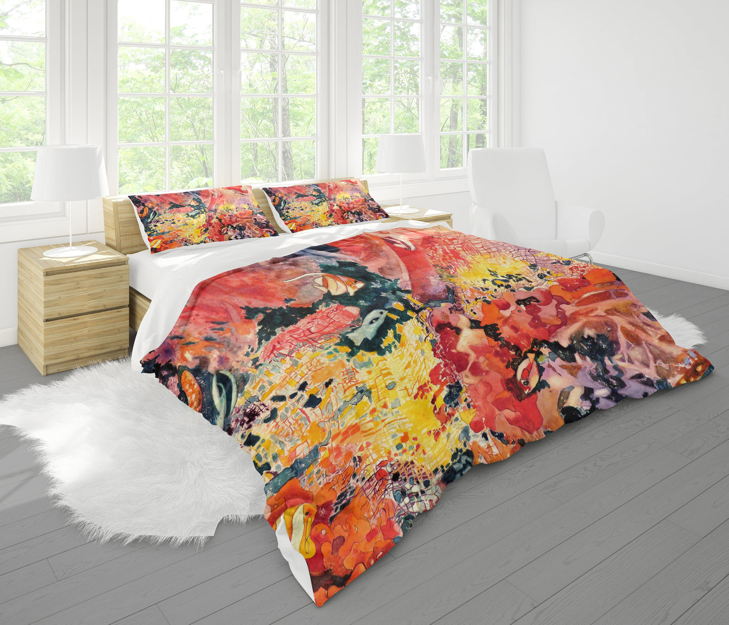 Coral Reef Duvet Cover or Comforter Artsy Colorful bedding Twin Queen King ocean duvet underwater fish red orange duvet art under the sea