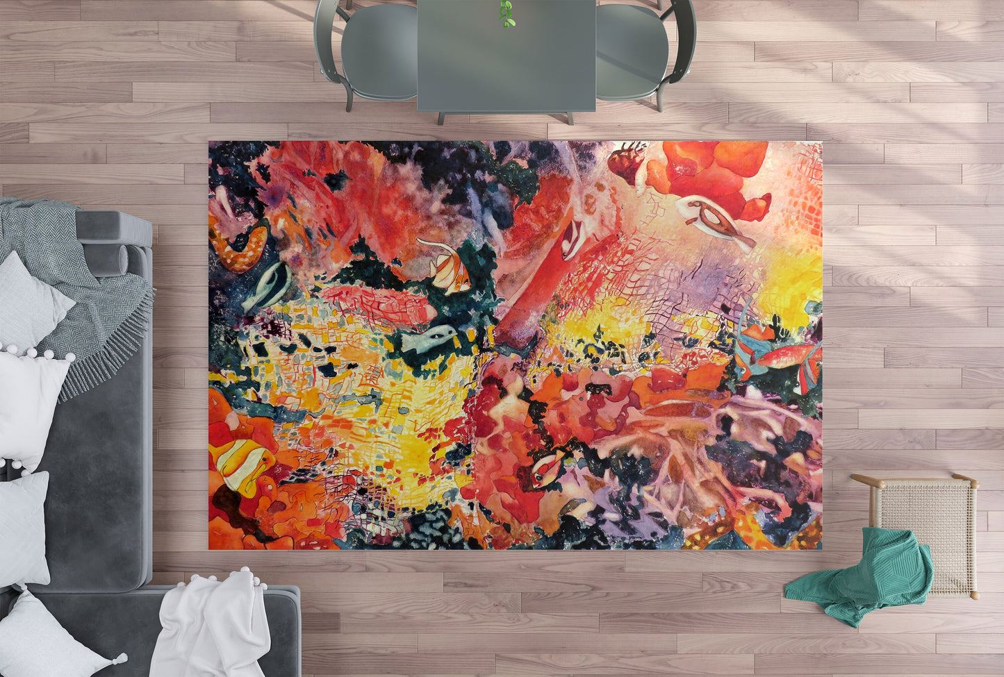 Coral Reef Rug Underwater Rug orange rugs ocean rug floor mat red rug fish rug watercolor rug with fishes yellow rugs unique gift large