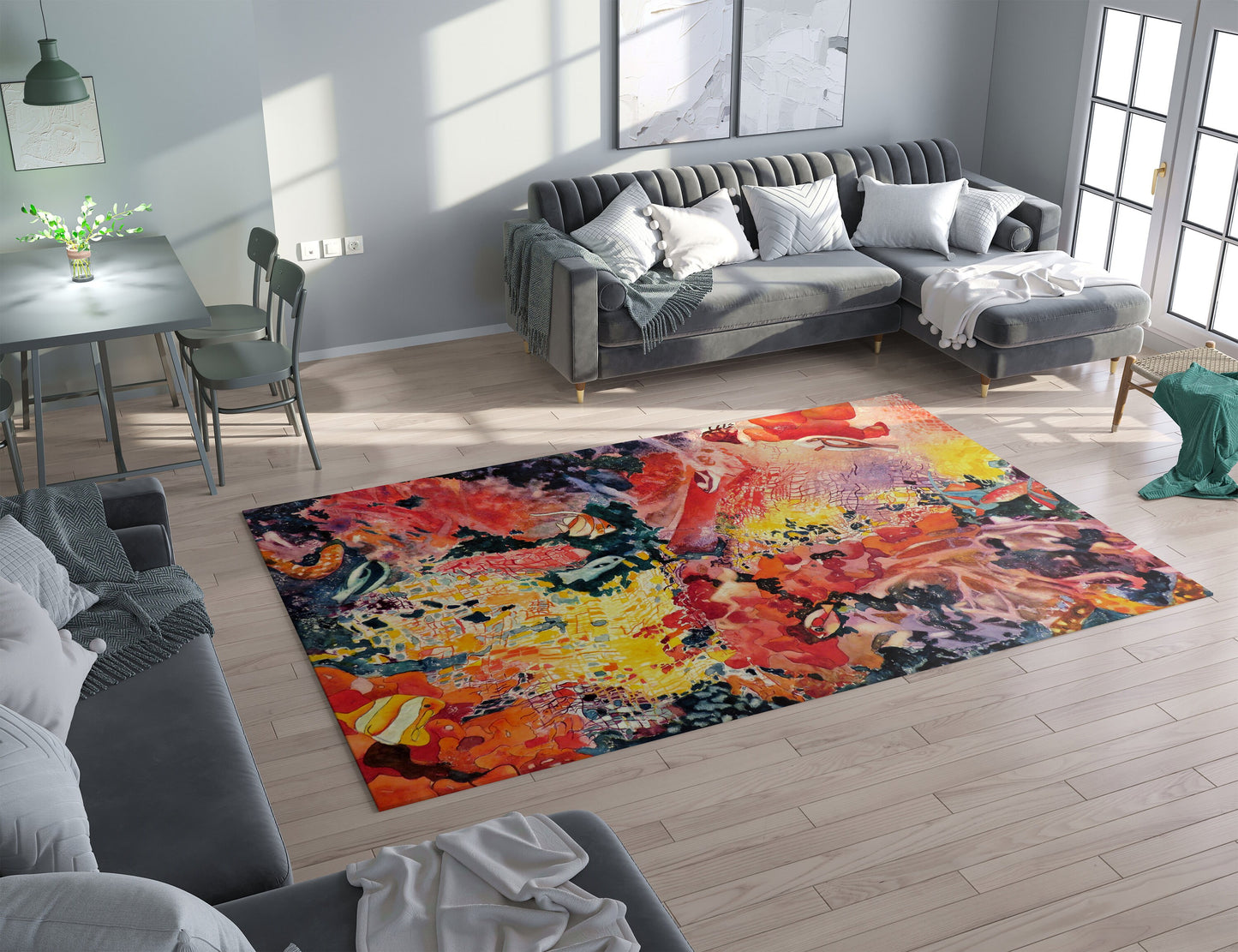 Coral Reef Rug Underwater Rug orange rugs ocean rug floor mat red rug fish rug watercolor rug with fishes yellow rugs unique gift large