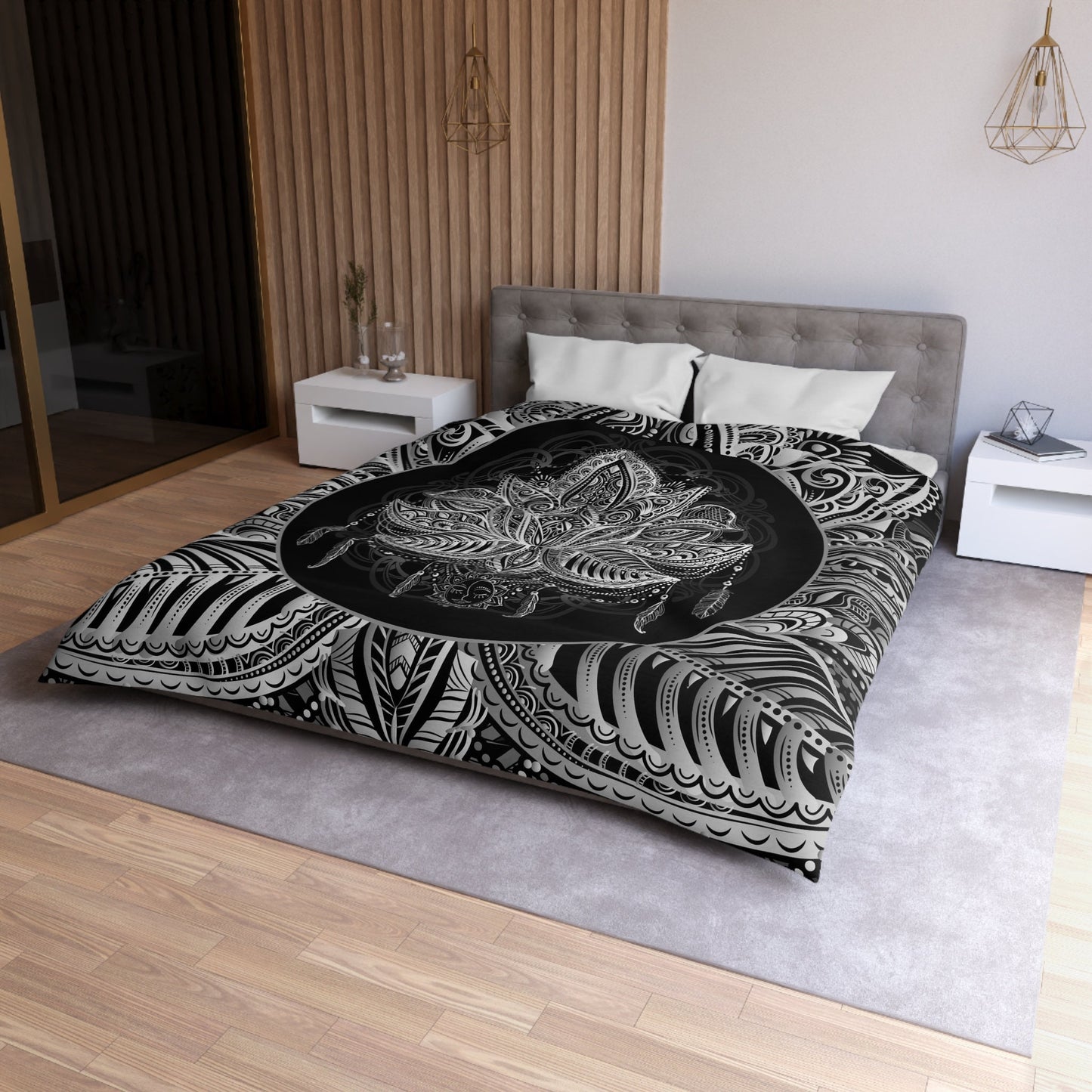 Black & White Lotus Comforter or Duvet Cover sacred geometry bedding boho bedding comforter feathers comforter spiritual bedding