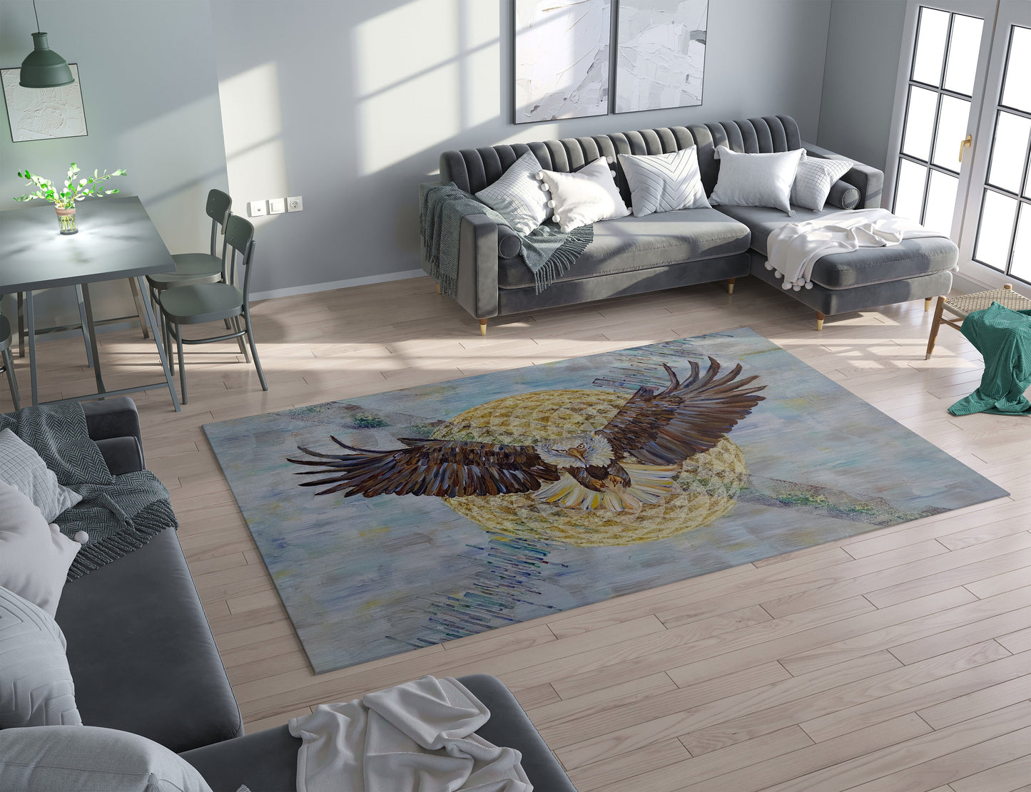 Bald Eagle Rug sacred geometry torus seed blue gold abstract art 2x3 3x5 4x6 5x7 8x10 9x12 large rugs