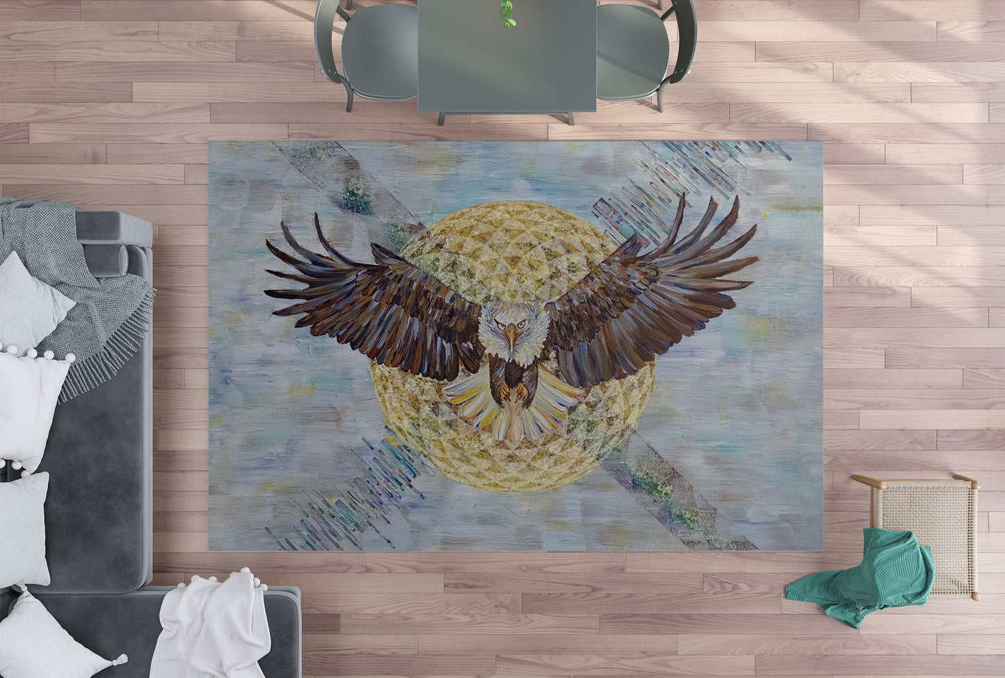 Bald Eagle Rug sacred geometry torus seed blue gold abstract art 2x3 3x5 4x6 5x7 8x10 9x12 large rugs