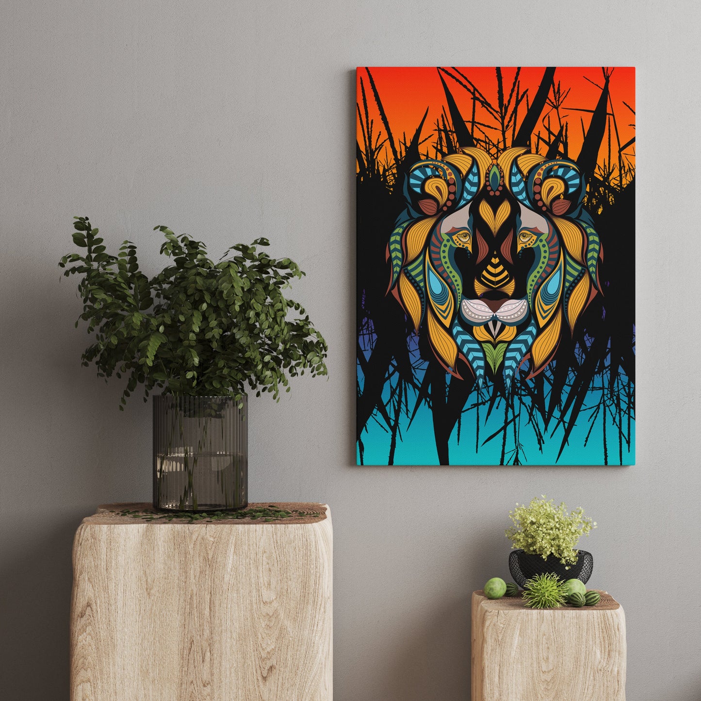 African Lion Art Canvas Wrap or Art print tribal artwork lions orange blue