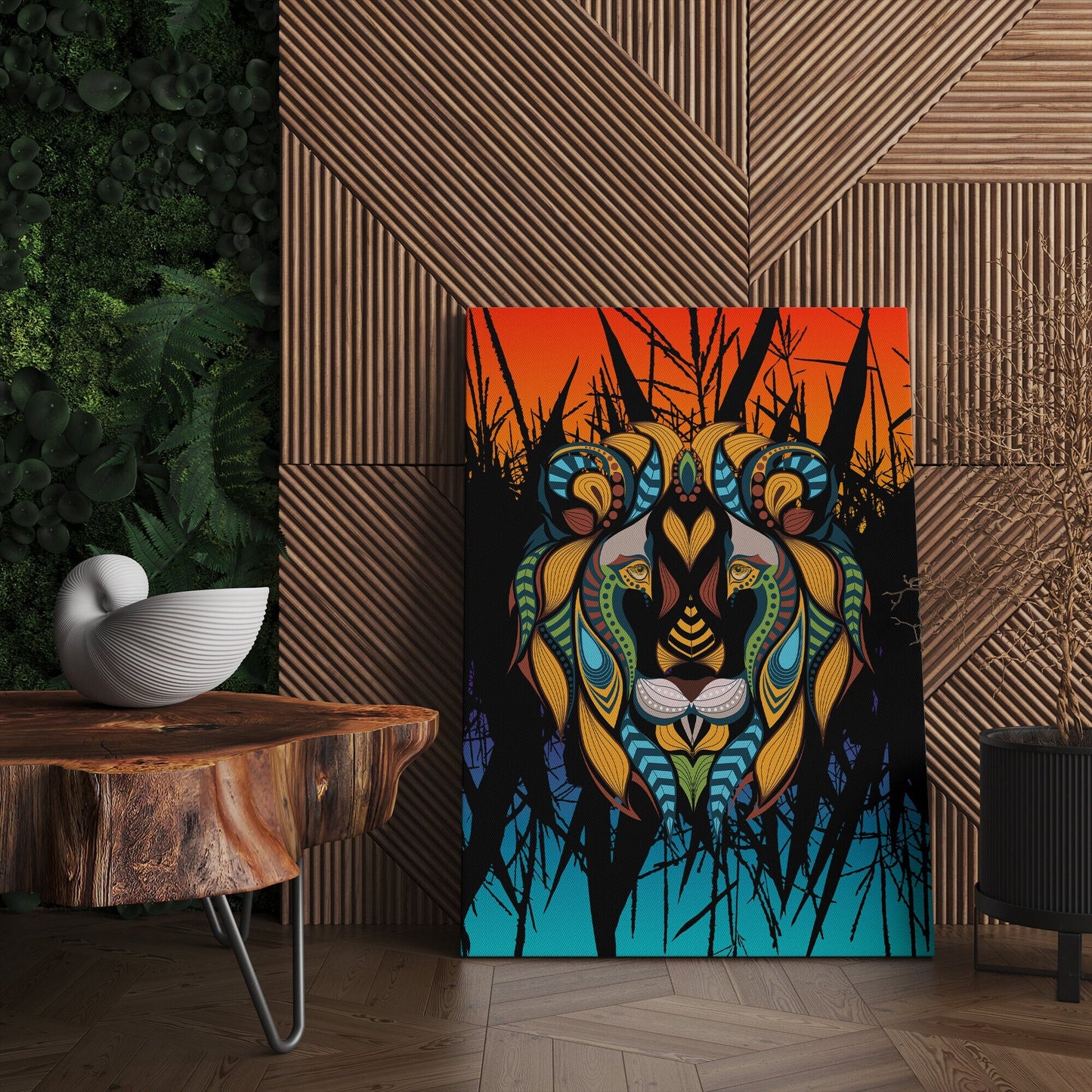 African Lion Art Canvas Wrap or Art print tribal artwork lions orange blue