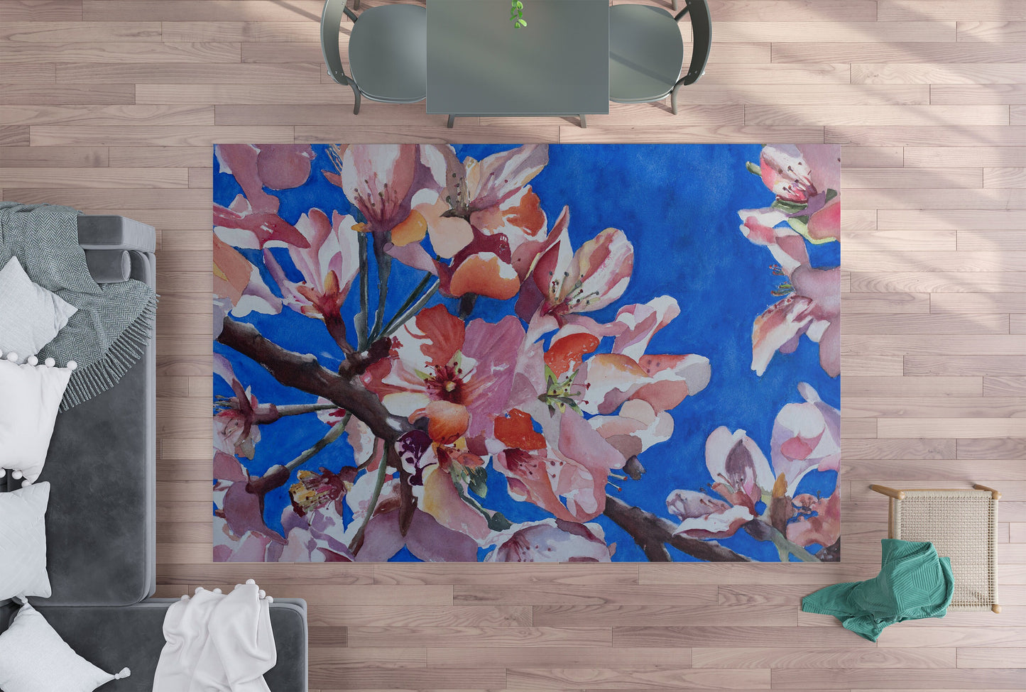 Floral Blue Pink Rug magnolia floral Rug botanical Rugs botanicals Floor Rug florals Rugs 3x5 4x6 5x7 5x8 8x10 9x12 Large rug