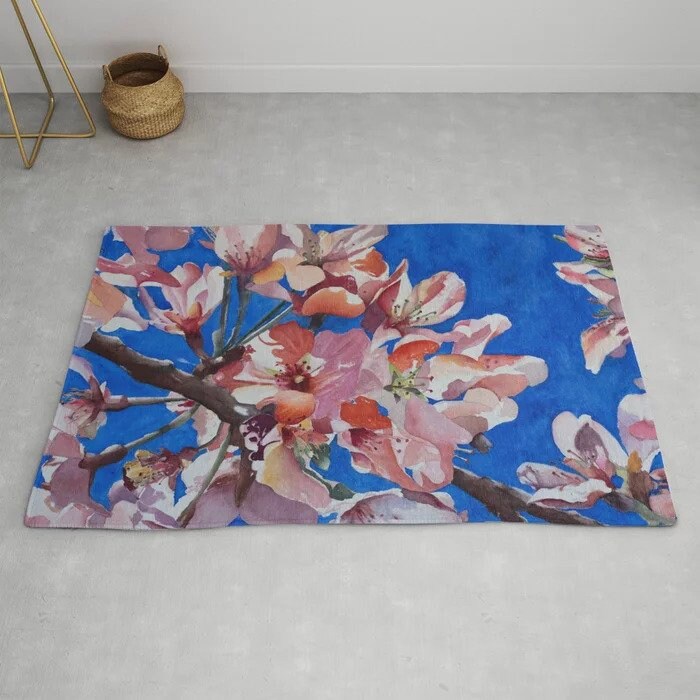 Floral Blue Pink Rug magnolia floral Rug botanical Rugs botanicals Floor Rug florals Rugs 3x5 4x6 5x7 5x8 8x10 9x12 Large rug