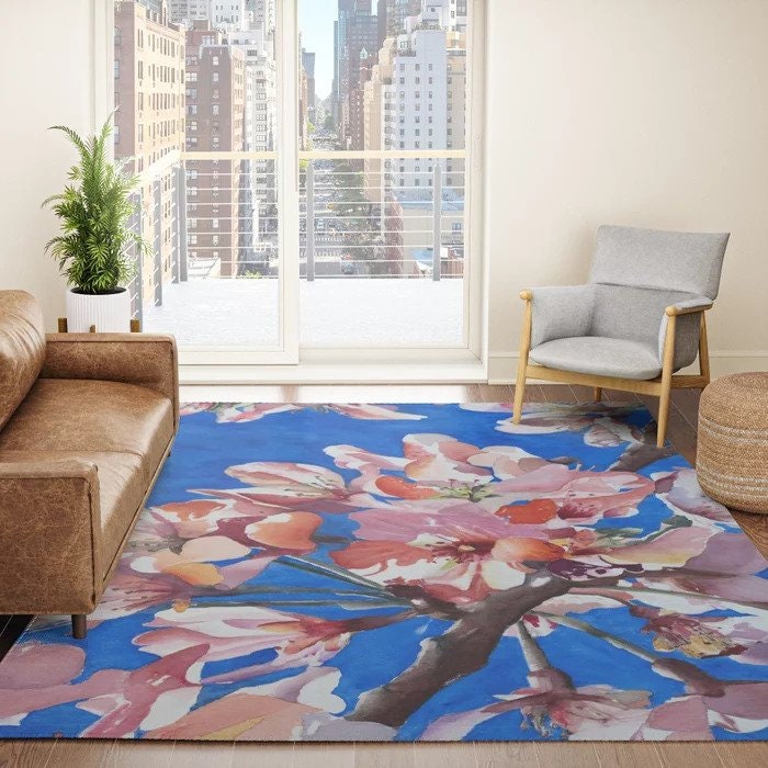 Floral Blue Pink Rug magnolia floral Rug botanical Rugs botanicals Floor Rug florals Rugs 3x5 4x6 5x7 5x8 8x10 9x12 Large rug