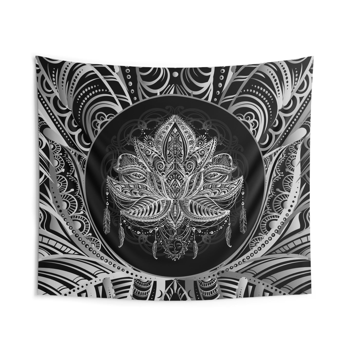 Lotus Tapestry Spiritual Tapestry Sacred Geometry Wall Hanging black white gray Tapestry Boho Wall Decor Lotus Tapestry Spiritual Decor