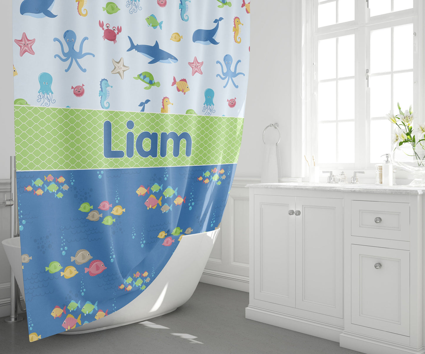 Custom Kids Name Shower Curtain Personalized shower curtains customized ocean bathroom cute fish underwater blue green