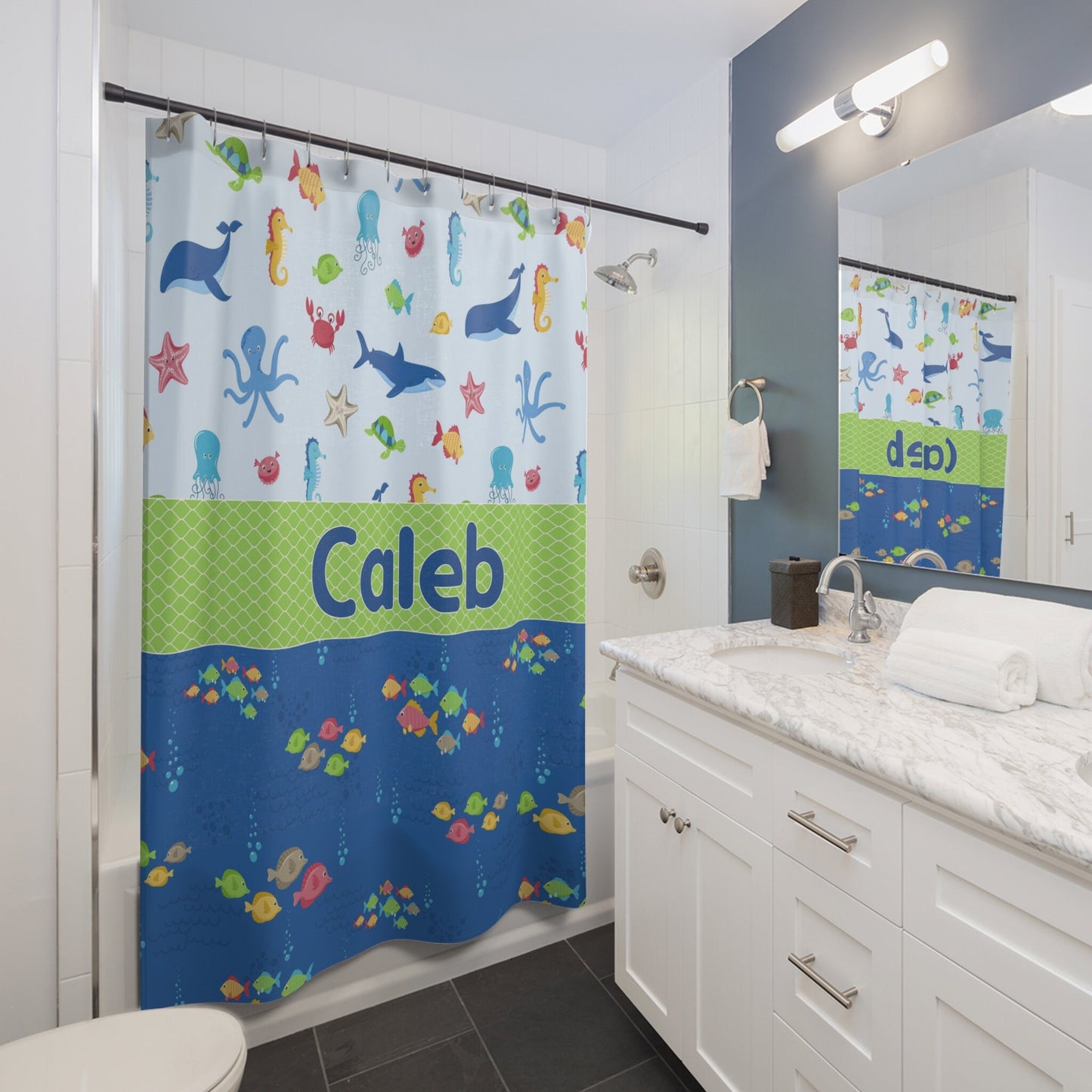 Custom Kids Name Shower Curtain Personalized shower curtains customized ocean bathroom cute fish underwater blue green