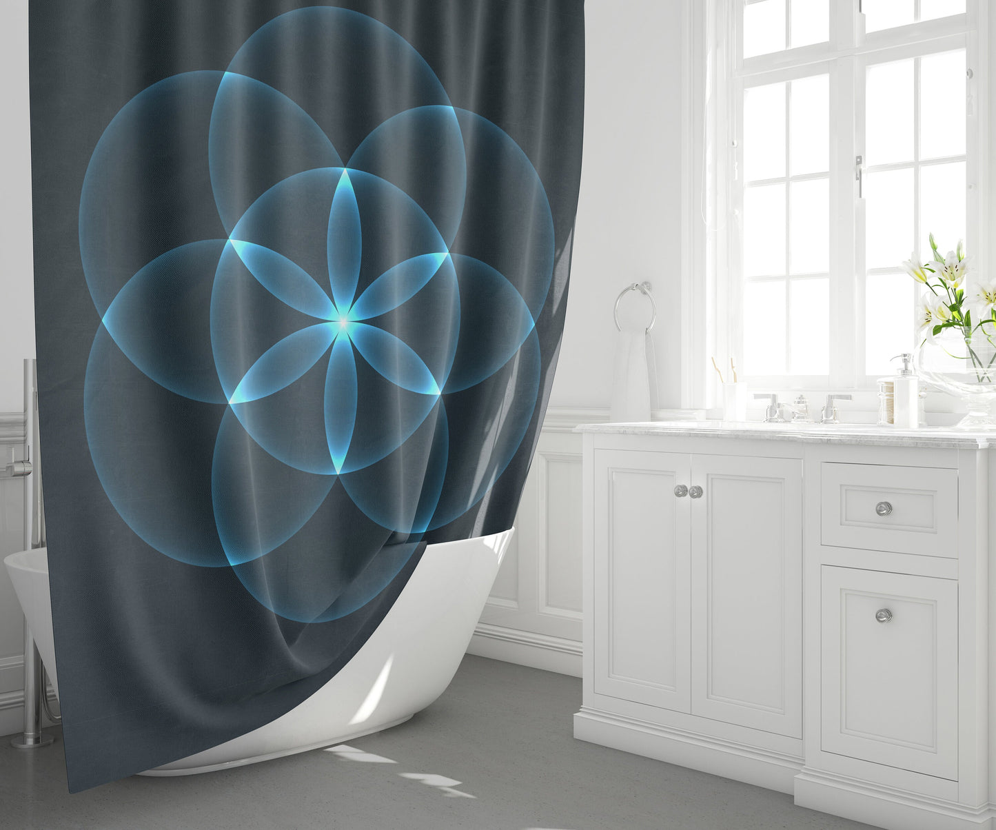 Flower of life Curtain sacred geometry shower curtains black shower curtain blue shower sacred geometry bath decor spiritual shower curtain