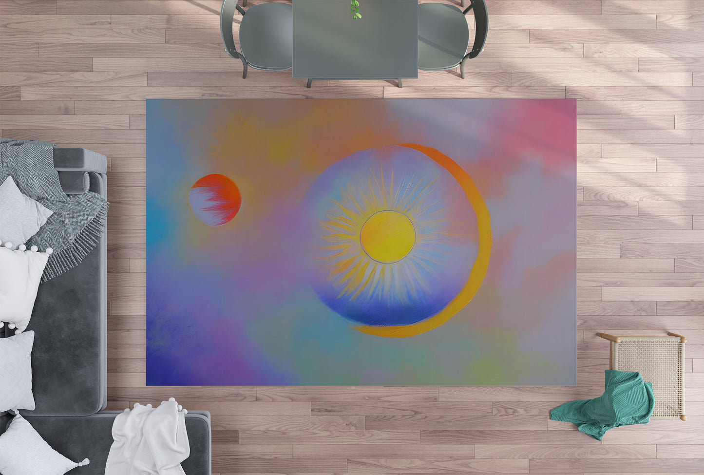 Sun Moon Abstract Art Rug modern Rug contemporary Rugs yellow colorful pastel celestial Floor Rugs 2x3 3x5 4x6 5x7 8x10 Large rug