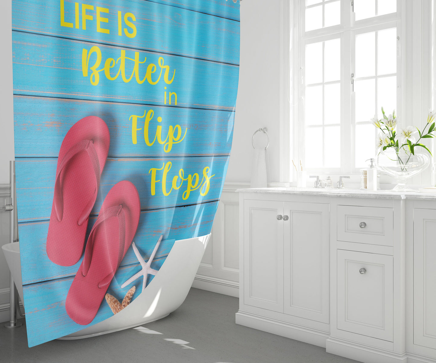 Life is better in Flip Flops Shower Curtain beach decor tropical shower curtain ocean blue yellow