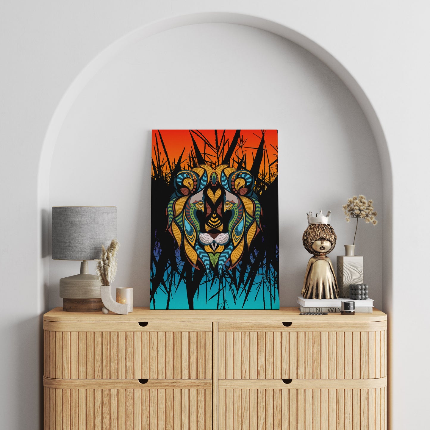 African Lion Art Canvas Wrap or Art print tribal artwork lions orange blue